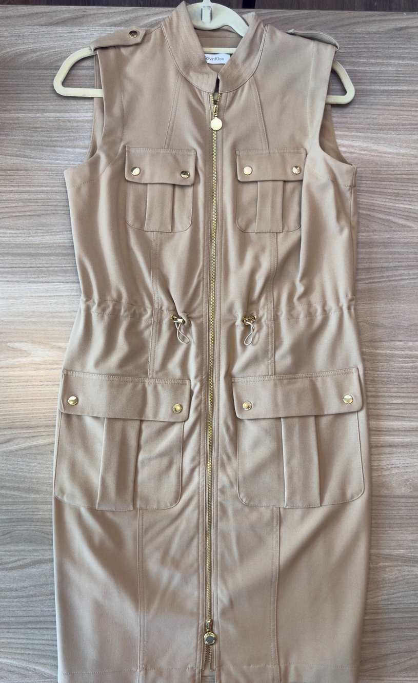 Calvin Klein Women's Tan Utility Dress Size 6 Full Zip Sleeveless Safari Moto